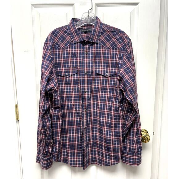 Banana Republic Western Snap Button Down, Red Blue Plaid, Slim Fit Mens Size L - Picture 1 of 8